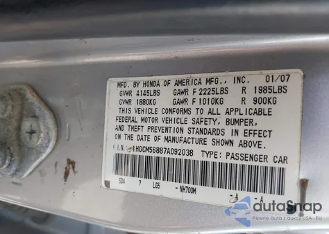 2007 Honda Accord Ex from USA, damaged, VIN 1HGCM56887A092038